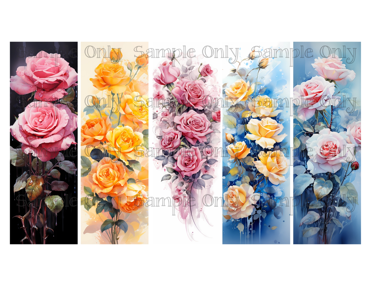 Rose Floral Bookmark Set 02 Printed Water Soluble Image Transfer Sheet For Polymer Clay