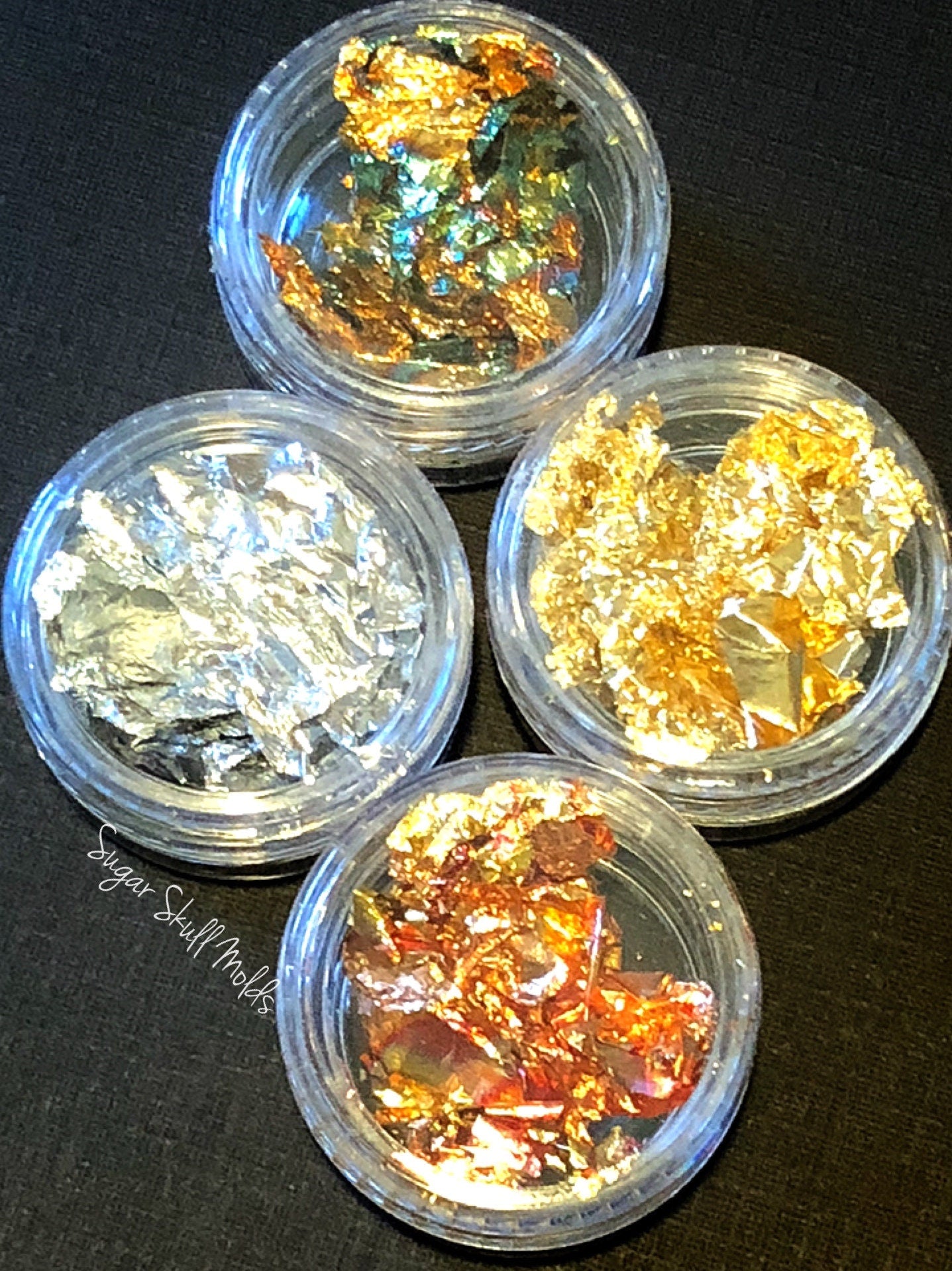4 Jars Of Assorted Metal leaf Silver Gold Variegated Red Blue