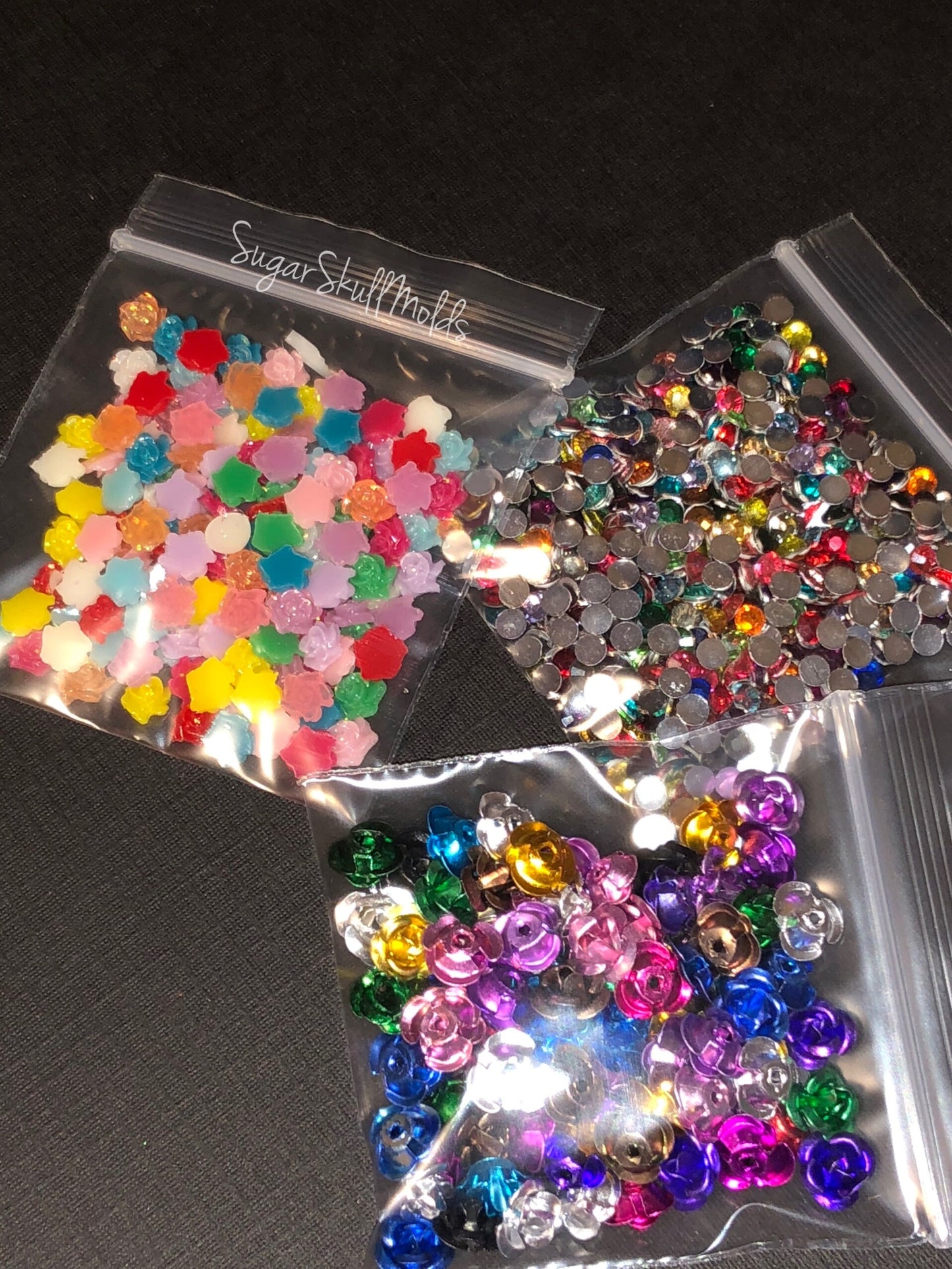 Set Of 3 Bags Of Assorted Flower Cabochons and Acrylic Rhinestone Flatback Gems