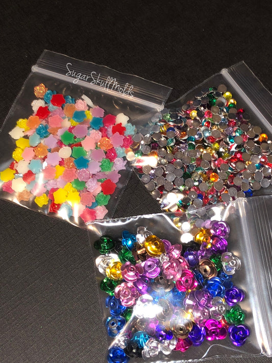 Set Of 3 Bags Of Assorted Flower Cabochons and Acrylic Rhinestone Flatback Gems