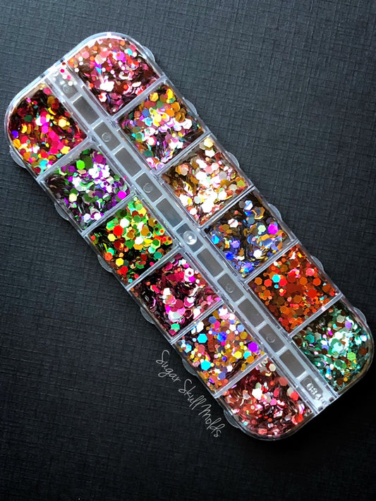 12 Assorted Holographic Metallic Hex Glitter Mix