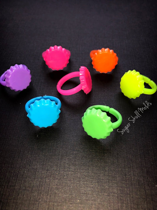 40pc Acrylic Neon Bottlecap Childrens Adjustable Size Ring Bases Assorted Colors Mixed Lot