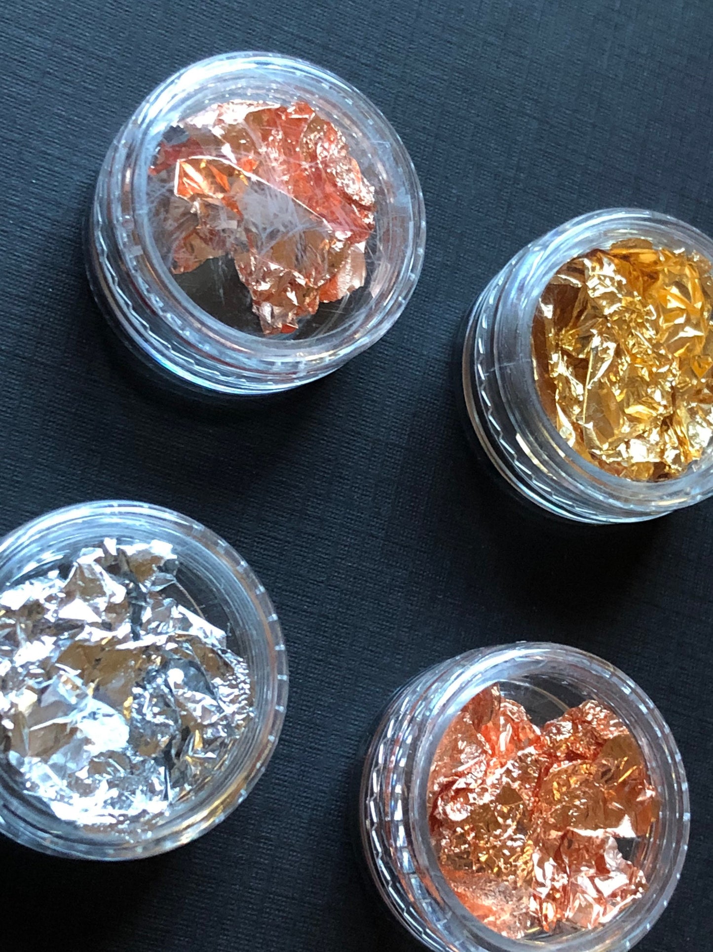 4 Jars Of Assorted Metal leaf Silver Gold Copper