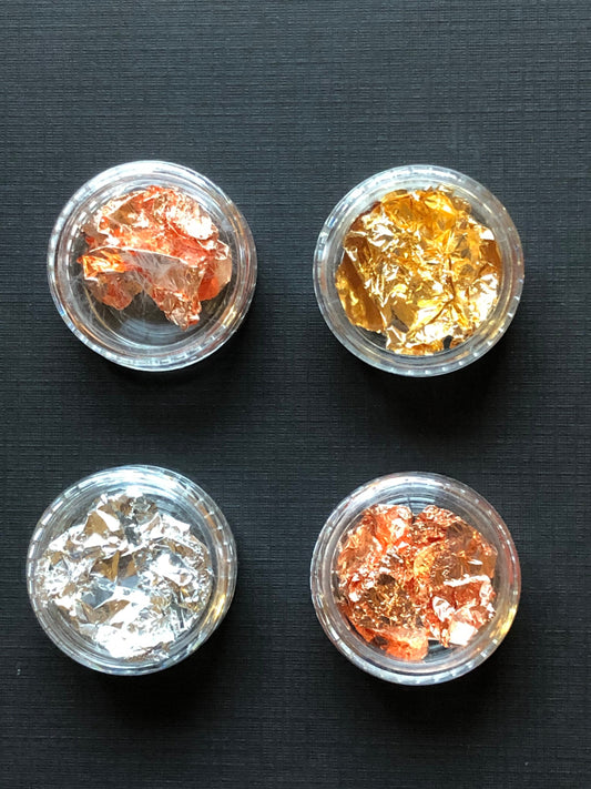 4 Jars Of Assorted Metal leaf Silver Gold Copper