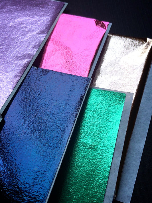 25 Sheets Of Metal Composition Foil Leaf Sheets Bright Pink Bronze Black Sea Green Lavender 5 Colors Set 4