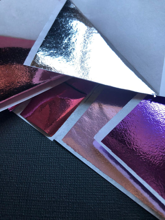 25 Sheets Of Metal Foil Leaf Sheets Pale Pink Dark Purple Lavender Bright Pink Silver