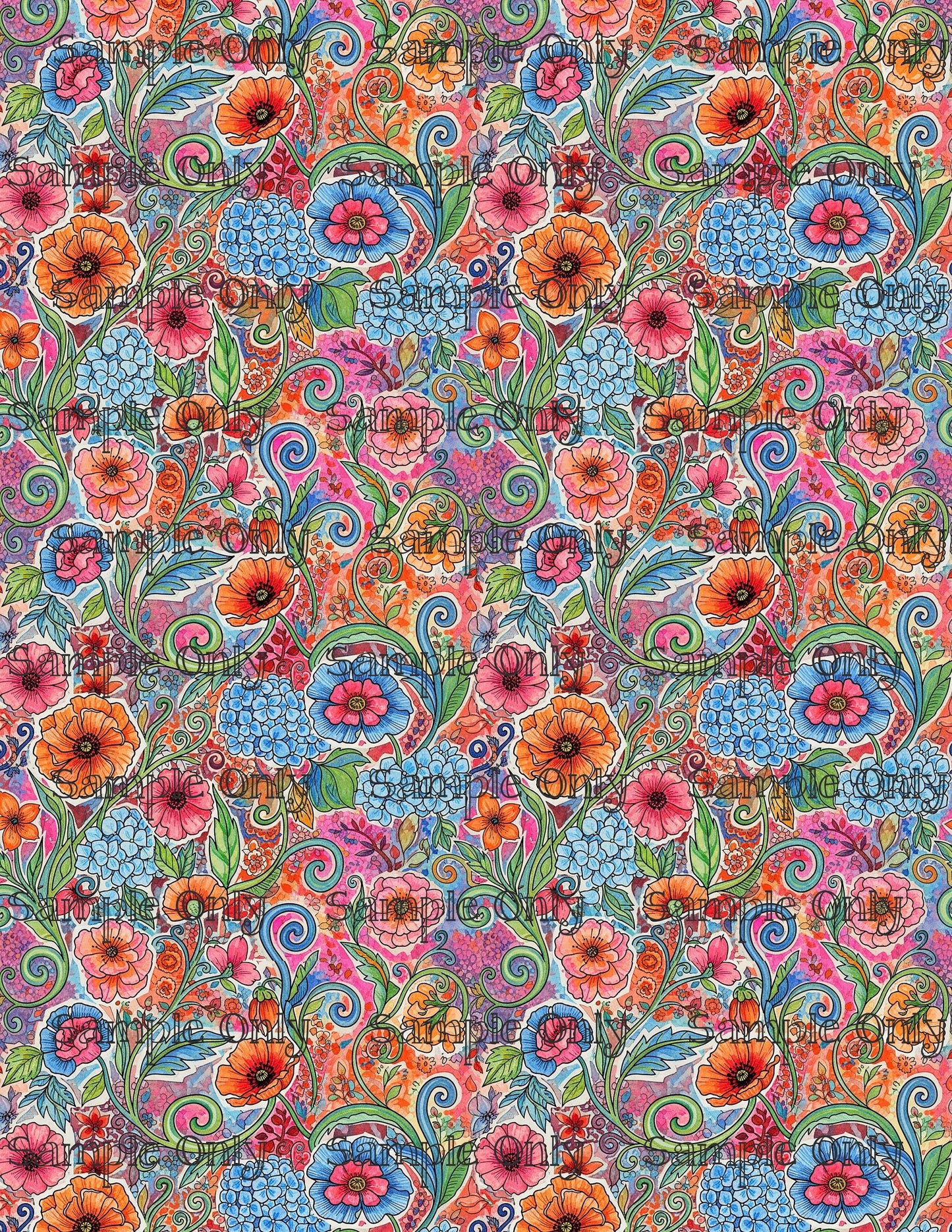 Whimsical Poppy Garden Pattern Image Transfer Sheet For Polymer Clay