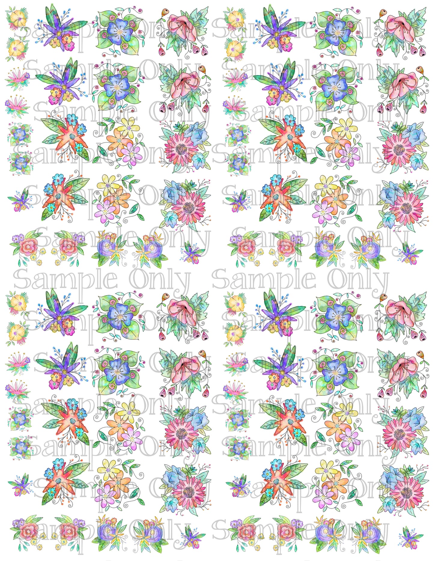 Whimsical Watercolor Blooms Image Sheet For Polymer Clay Transfer Decal DIGITAL FILE OR PRINTED