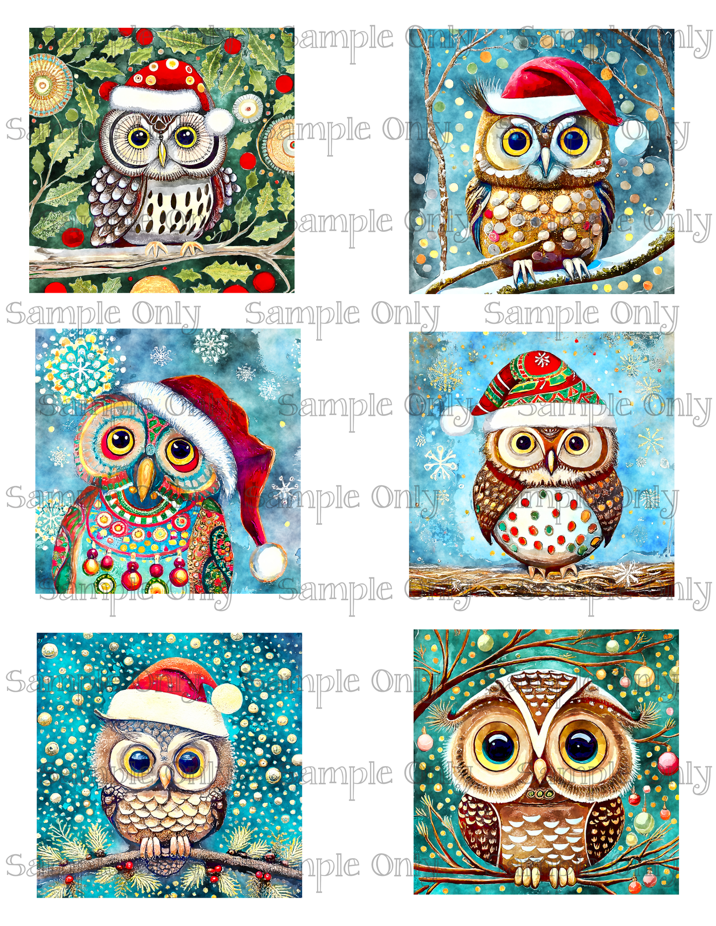 3 Inch Christmas Owls Set-01 Image Sheet For Polymer Clay Transfer Decal DIGITAL FILE OR PRINTED