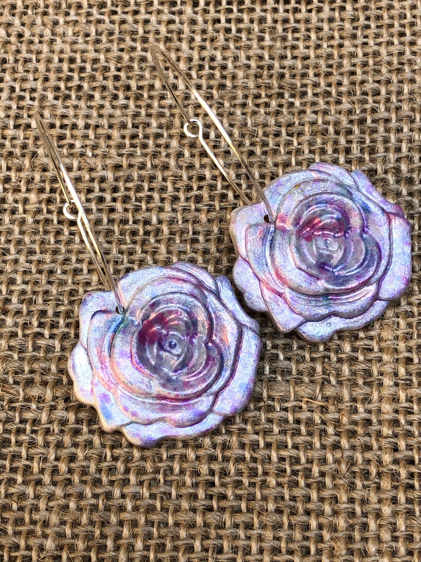 Hand Painted Galaxy Rose Shimmery Splatter Floral Hoop Earrings YOU CHOOSE