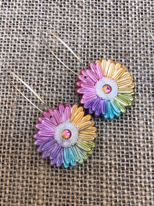 Boho Bright Bloom Rainbow Rhinestone Gerbera Daisy Floral Hoop Earrings