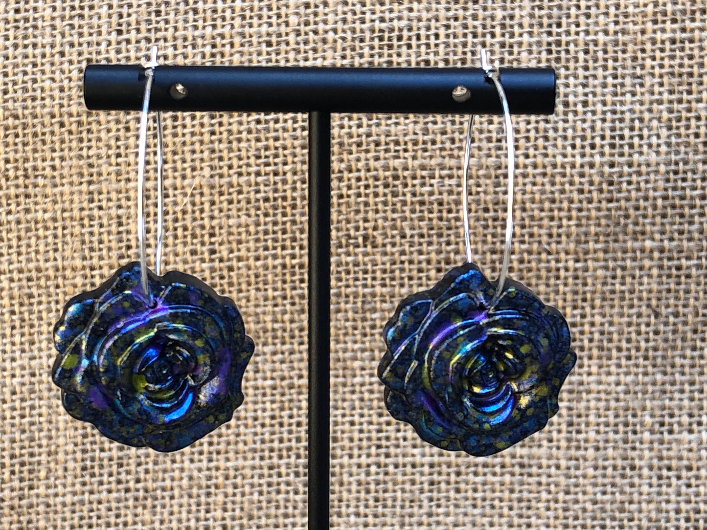 Hand Painted Galaxy Rose Shimmery Splatter Floral Hoop Earrings YOU CHOOSE