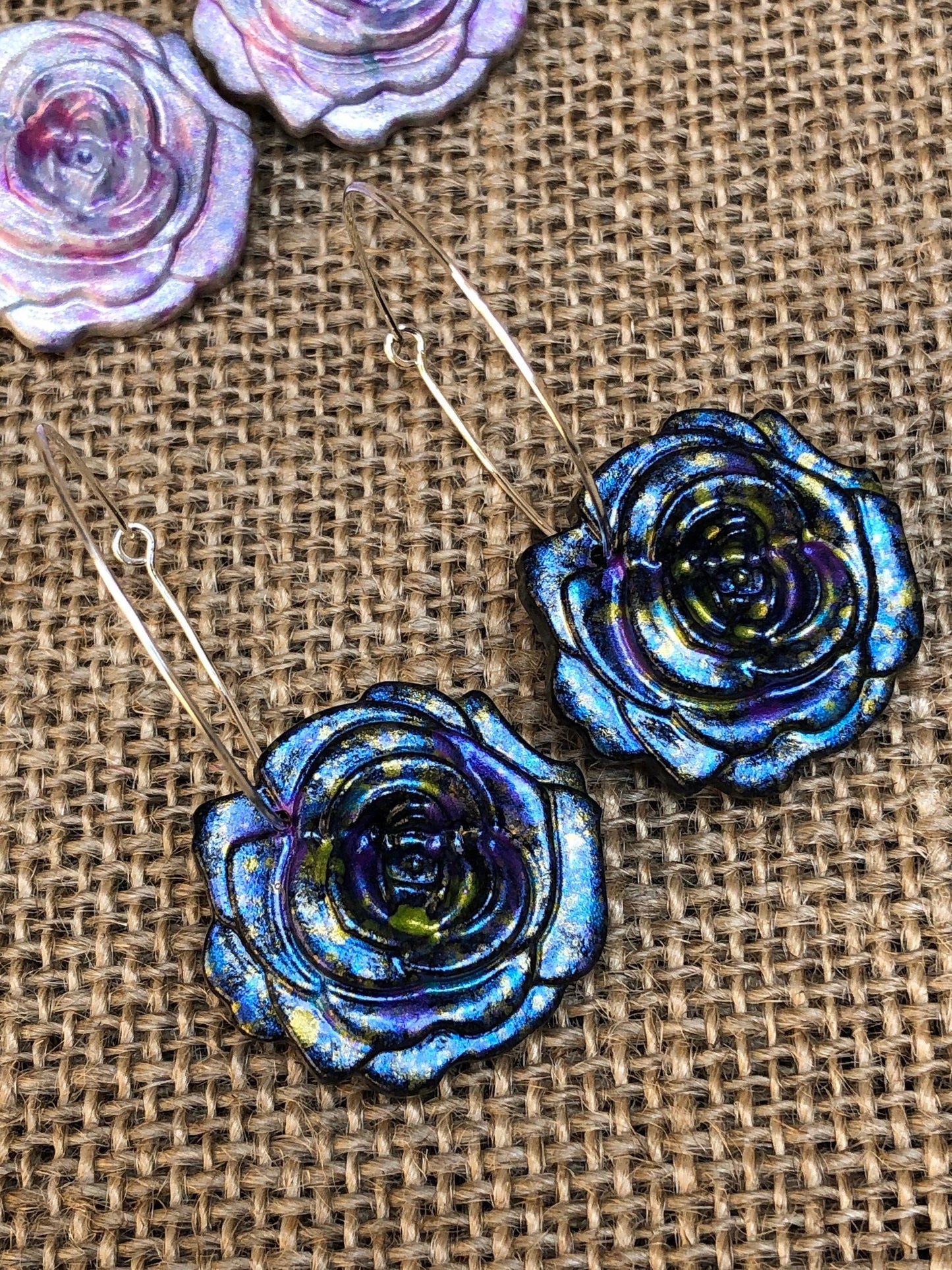 Hand Painted Galaxy Rose Shimmery Splatter Floral Hoop Earrings YOU CHOOSE