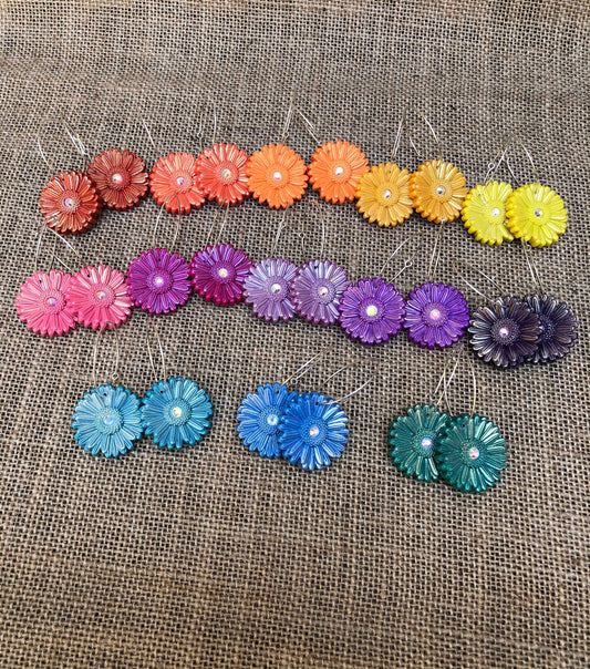 Boho Shimmery Rhinestone Gerber Daisy Floral Hoop Earrings YOU CHOOSE