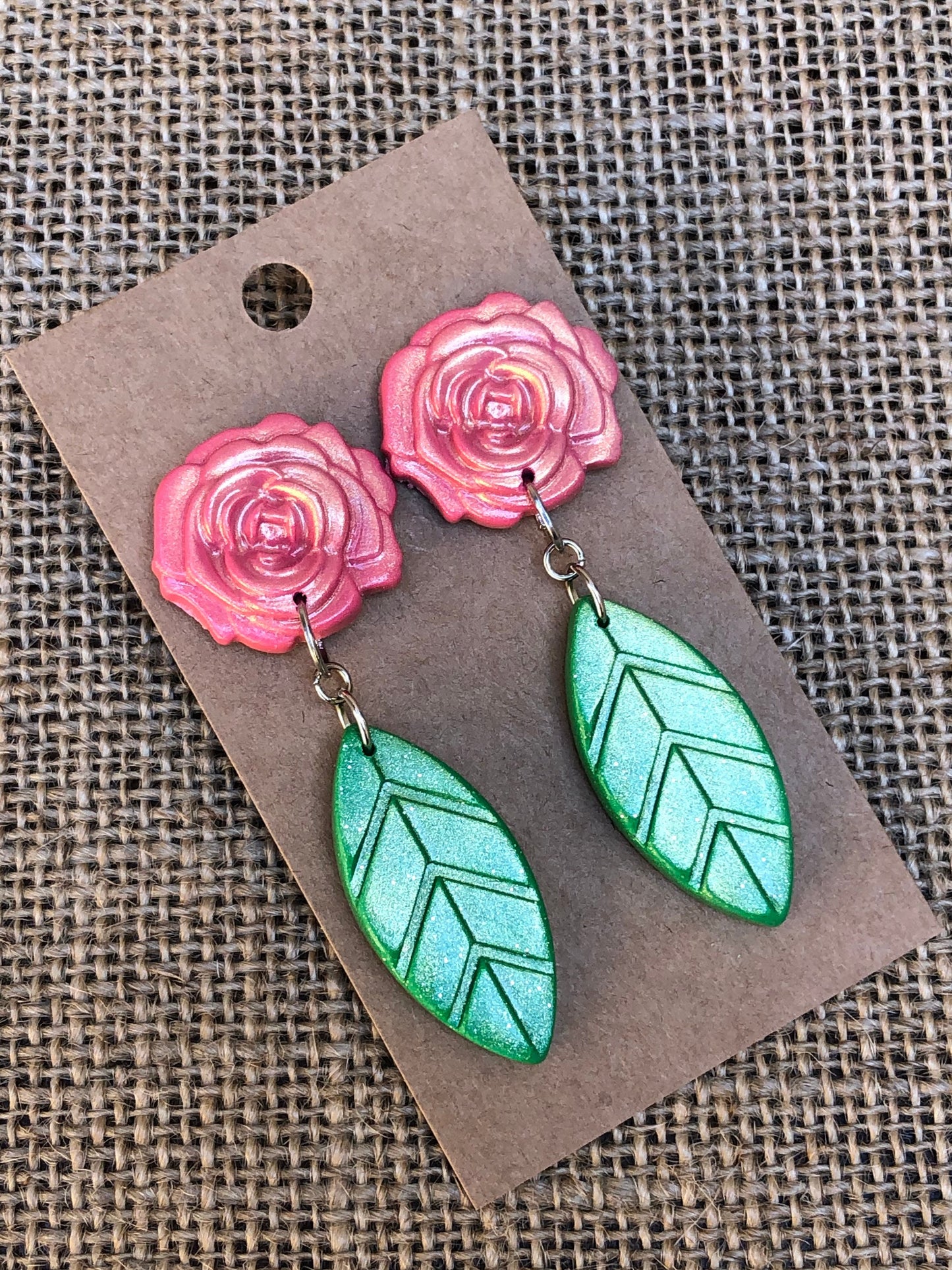 Shimmer Rose and Leaf Dangle Earrings YOU CHOOSE