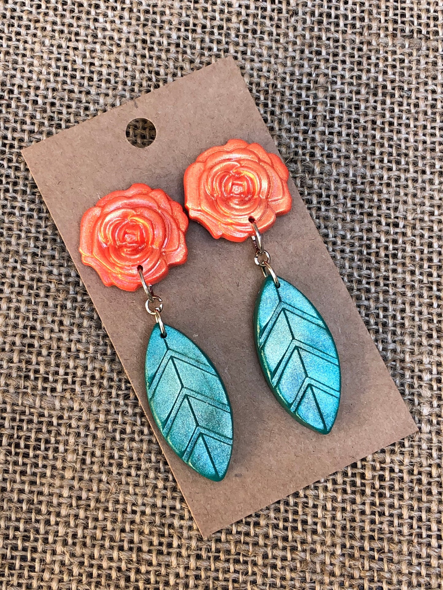 Shimmer Rose and Leaf Dangle Earrings YOU CHOOSE