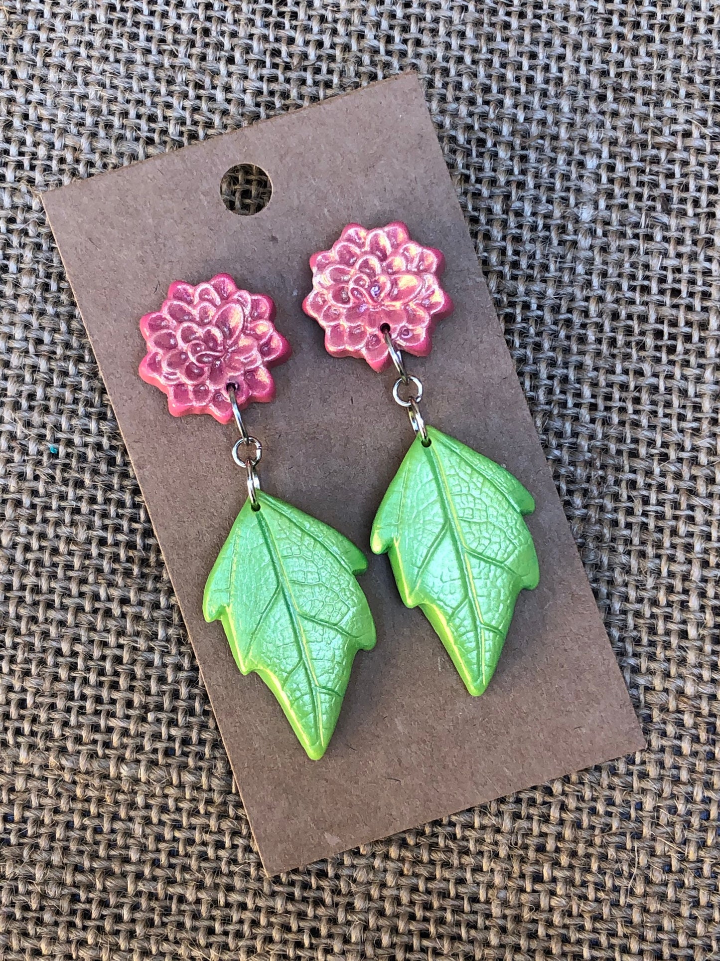 Shimmery Bloom Chrysanthemum and Wild Leaf Dangle Earrings YOU CHOOSE