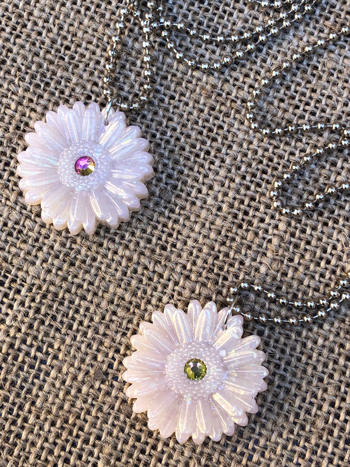 Shimmery Opal Rainbow Rhinestone Daisy Polymer Clay Wildflower Pendant Necklace