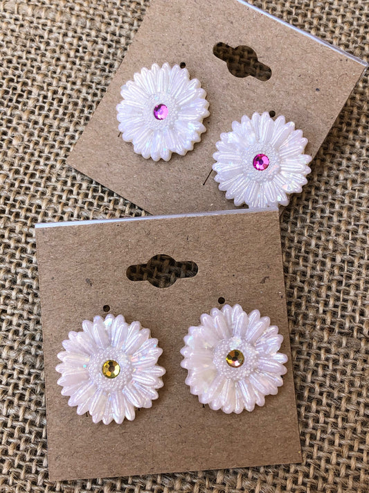Opal Shimmer Rhinestone Gerbera Daisy Floral Stud Earrings YOU CHOOSE