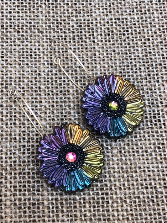 Boho Bloom Dark Rainbow Rhinestone Gerber Daisy Hoop Earrings YOU CHOOSE