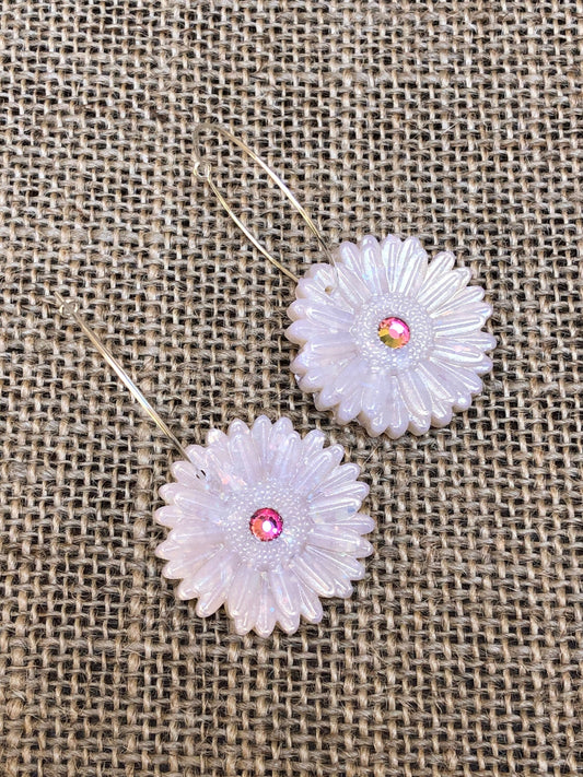 Boho Shimmery Opal Bloom Floral Rainbow Rhinestone Gerbera Daisy Hoop Earrings YOU CHOOSE
