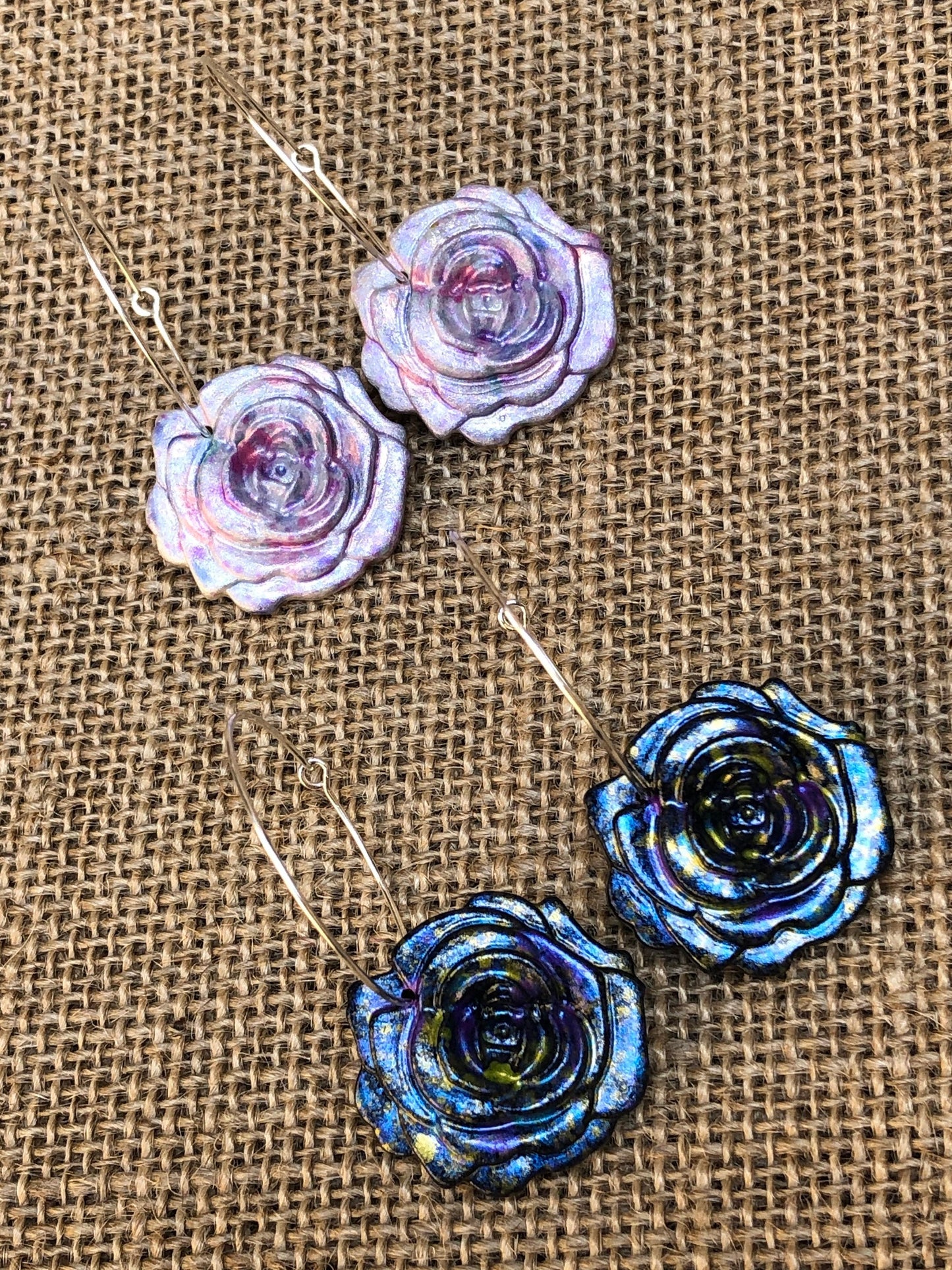 Hand Painted Galaxy Rose Shimmery Splatter Floral Hoop Earrings YOU CHOOSE