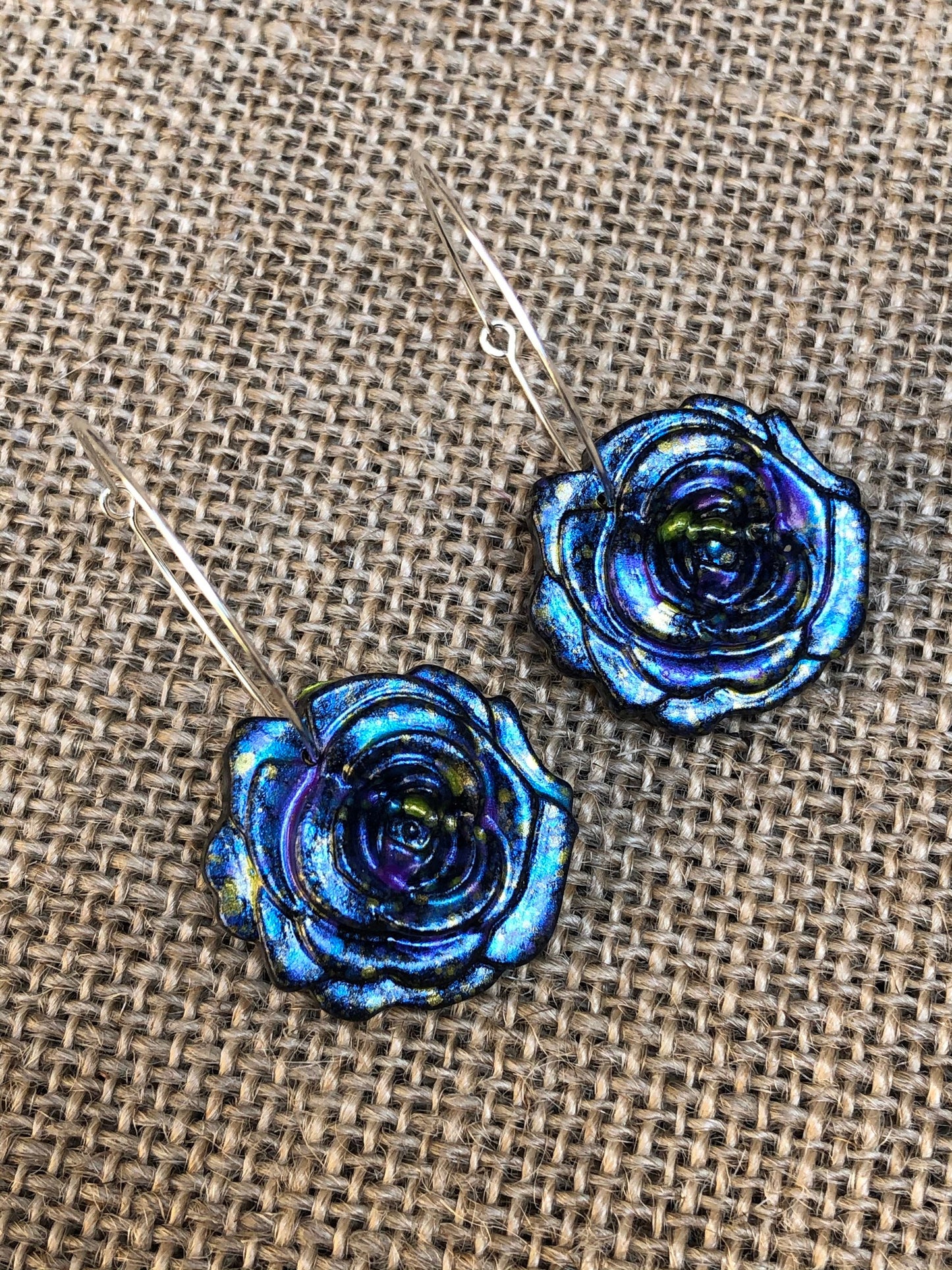 Hand Painted Galaxy Rose Shimmery Splatter Floral Hoop Earrings YOU CHOOSE