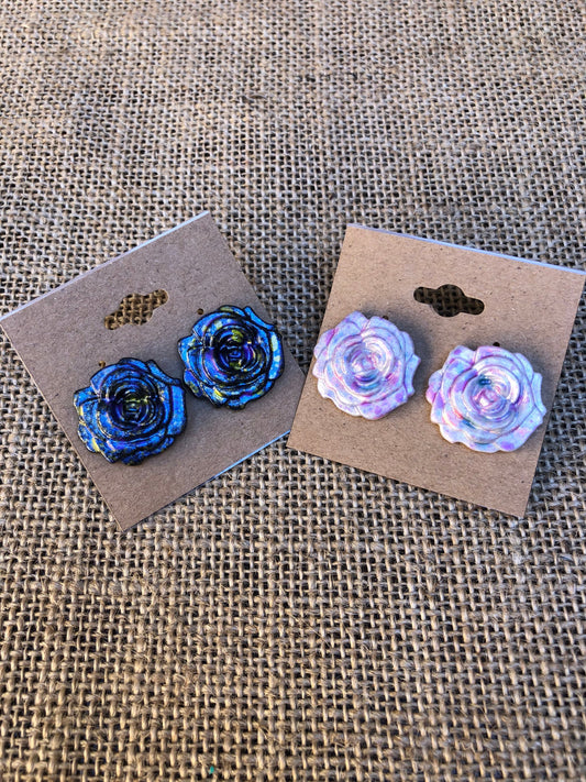 Hand Painted Galaxy Rose Shimmery Splatter Floral Stud Earrings YOU CHOOSE