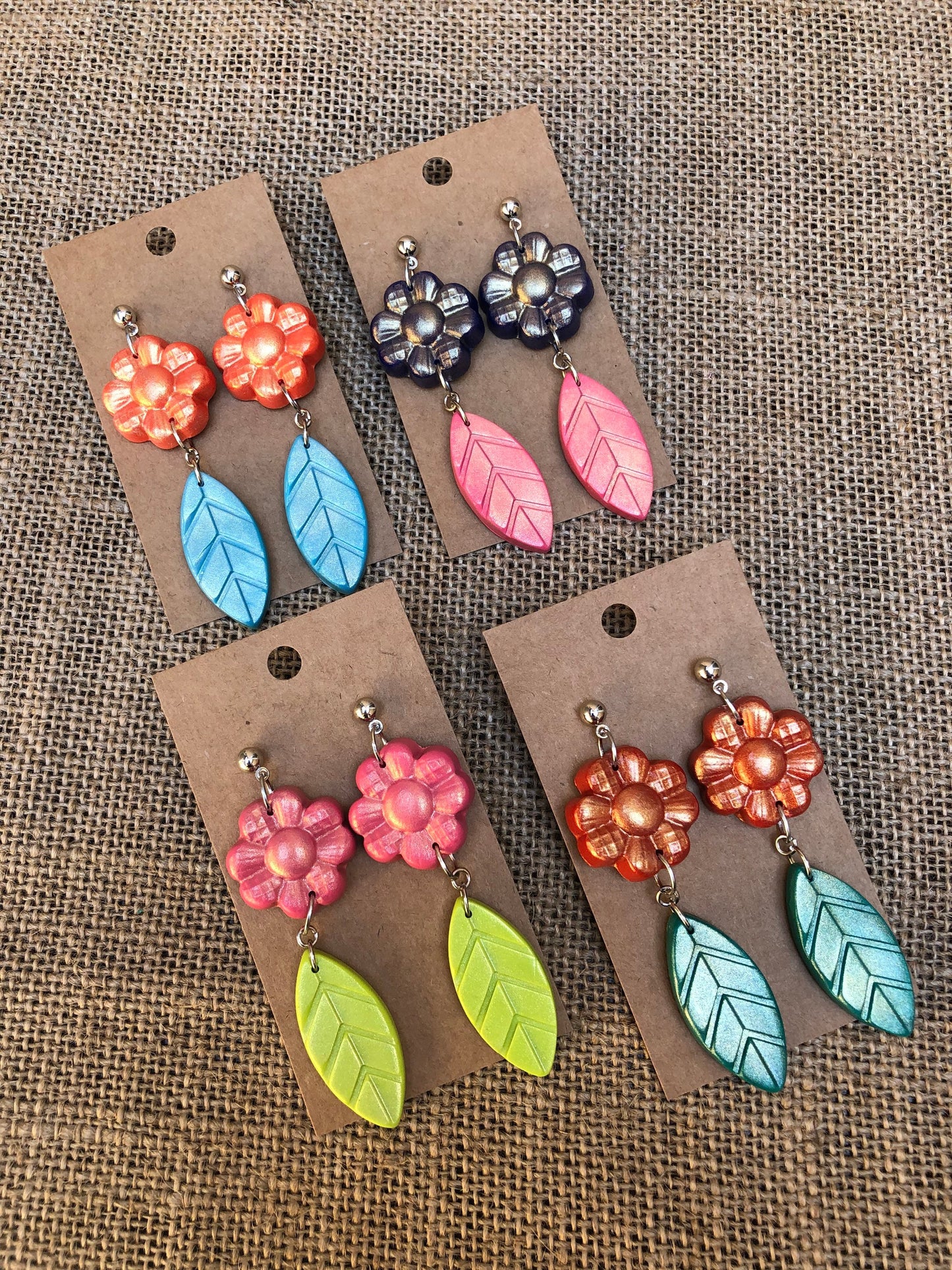 Shimmery Flower and Leaf Dangle Earrings YOU CHOOSE