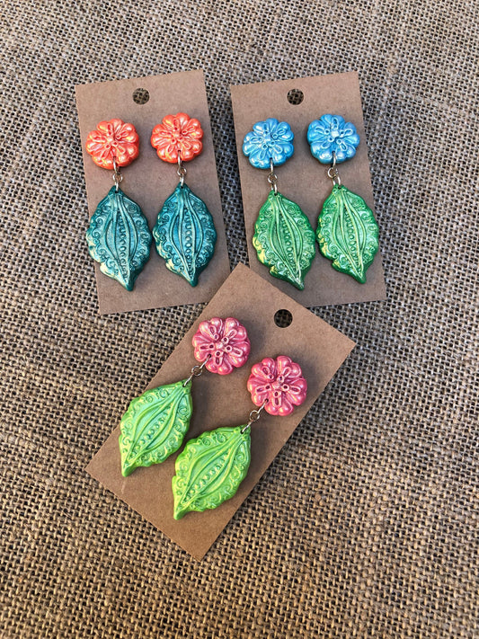 Tropical Shimmer Flower and Leaf Dangle Earrings YOU CHOOSE