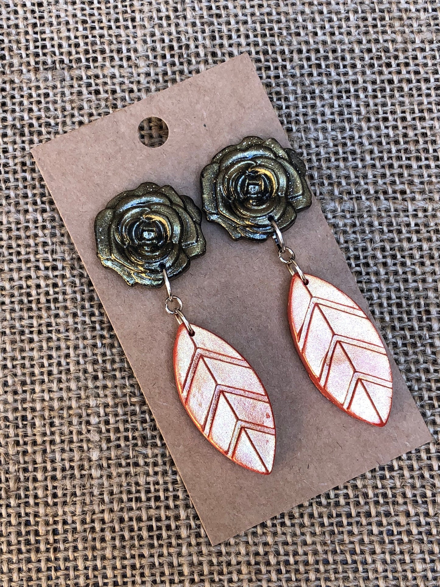 Shimmer Rose and Leaf Dangle Earrings YOU CHOOSE