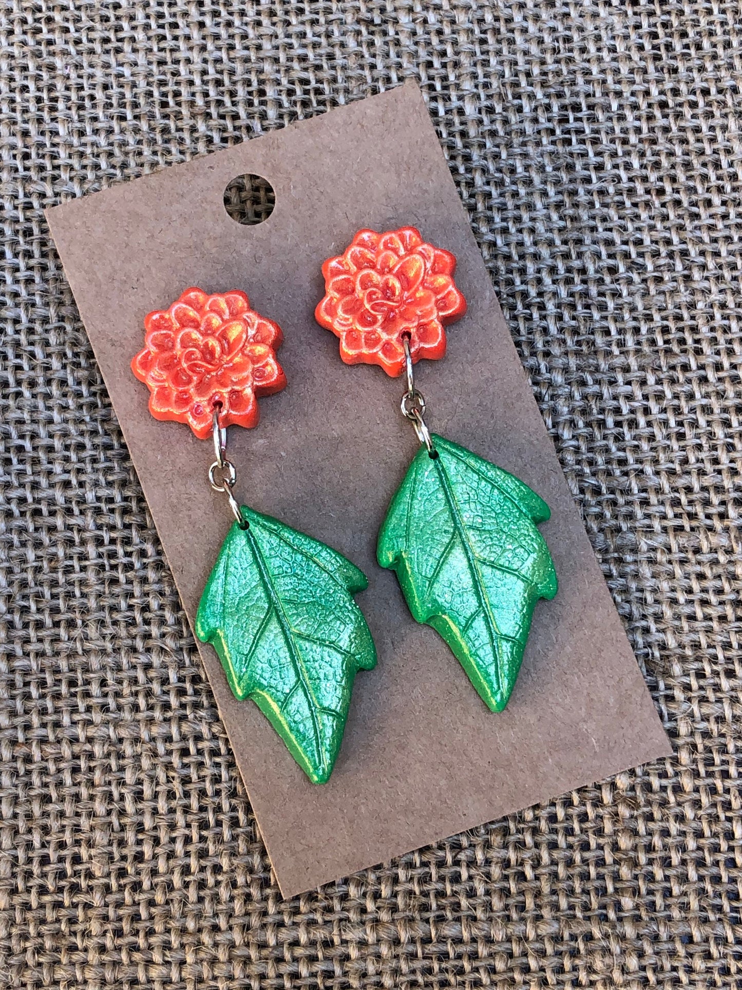 Shimmery Bloom Chrysanthemum and Wild Leaf Dangle Earrings YOU CHOOSE