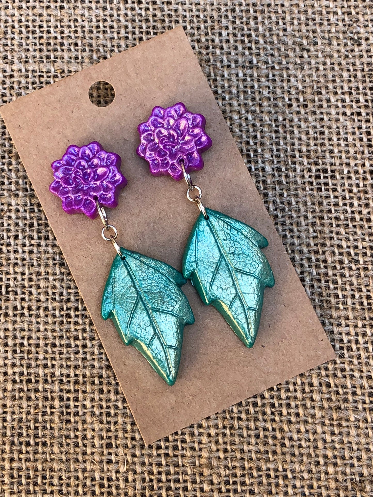 Shimmery Bloom Chrysanthemum and Wild Leaf Dangle Earrings YOU CHOOSE