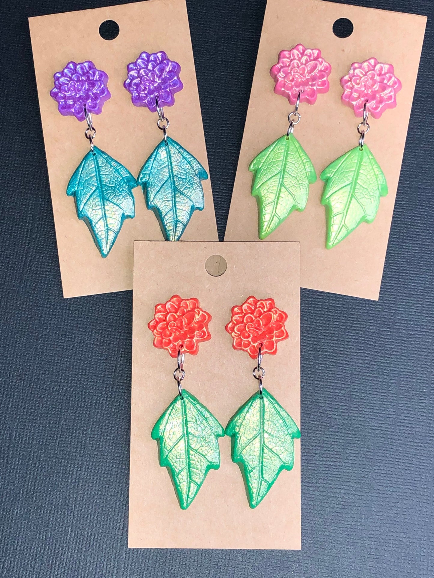 Shimmery Bloom Chrysanthemum and Wild Leaf Dangle Earrings YOU CHOOSE