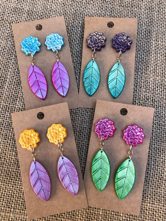 Chrysanthemum Bloom and Simple Leaf Dangle Earrings YOU CHOOSE