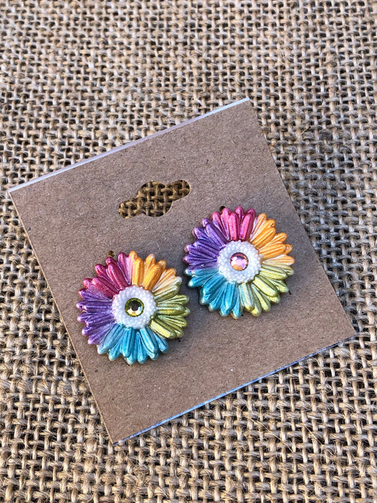 Boho Bright Rainbow Rhinestone Gerbera Daisy Polymer Clay Floral Stud Earrings