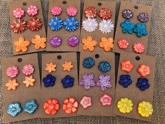 3 Pair Colorful Blooms Floral Stud Earring Sets YOU CHOOSE