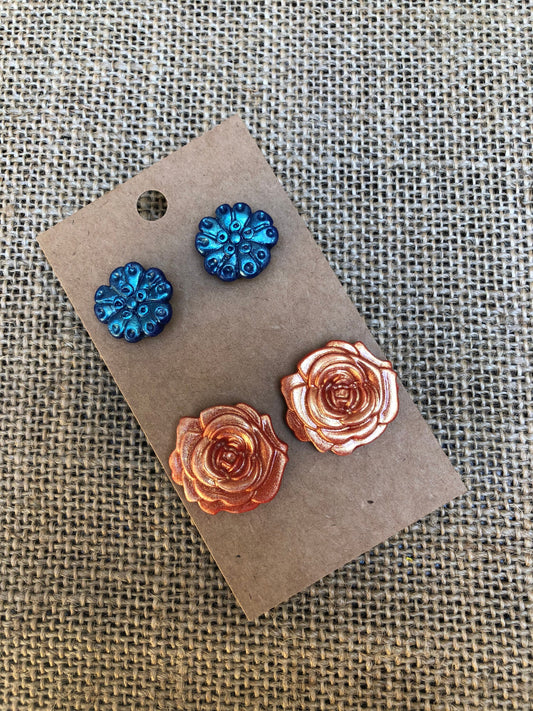 2 Pair Colorful Blooms Floral Statement Stud Earring Sets YOU CHOOSE