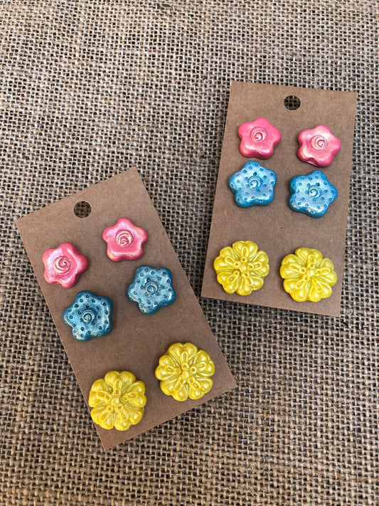 3 Pair Colorful Pastel Blooms Floral Stud Earring Sets