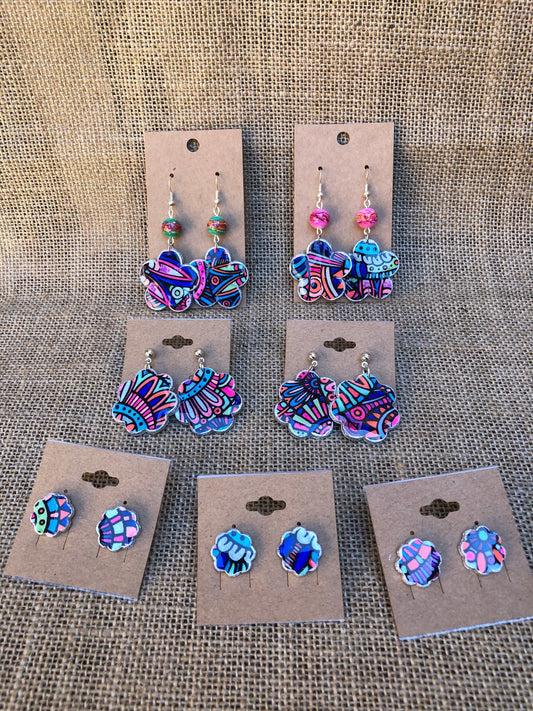 Coloring Book Boho Floral Dangle or Statement Stud Earrings YOU CHOOSE