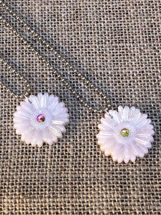 Shimmery Opal Rainbow Rhinestone Daisy Polymer Clay Wildflower Pendant Necklace