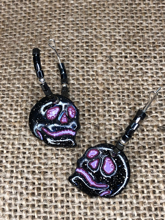Hand Painted Spooky Skeleton Skull Head Beaded Hoop Earrings YOU CHOOSE 7 Colors