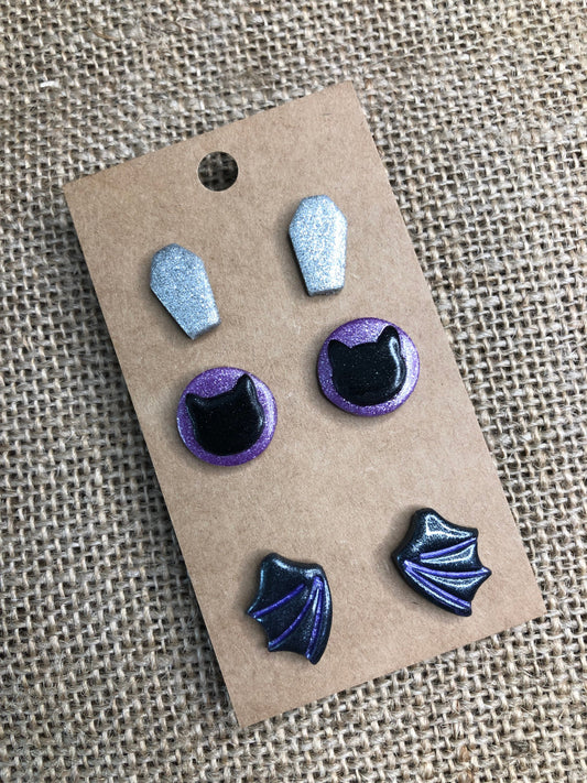 3 Pairs Halloween Statement Stud Earrings Bat Wings Coffin Black Cat