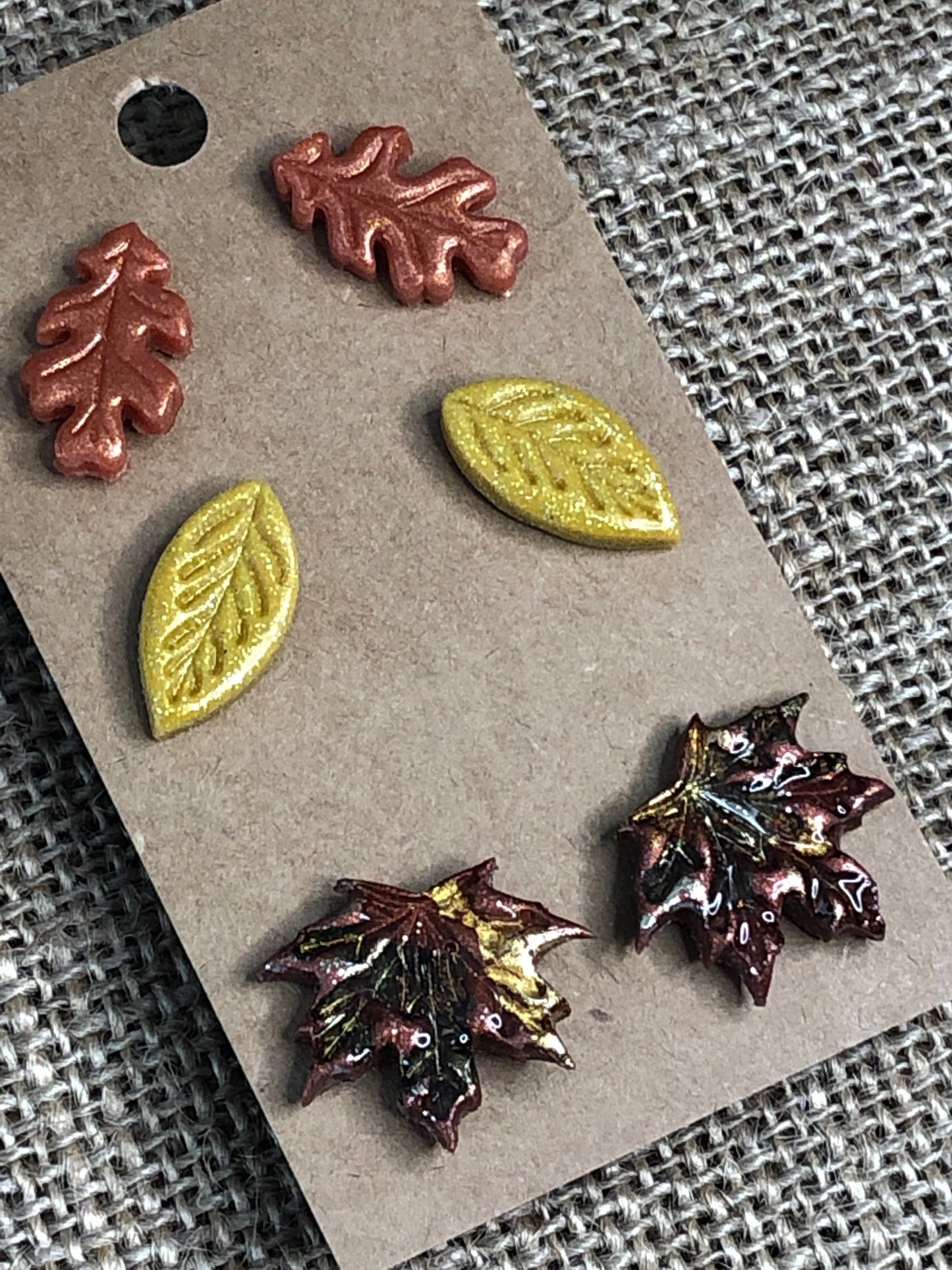 3 Pairs Halloween Falling Autumn Leaves Statement Stud Earrings Maple Oak Walnut Leaf