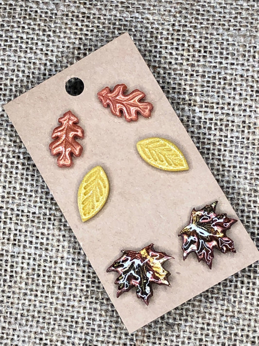 3 Pairs Halloween Falling Autumn Leaves Statement Stud Earrings Maple Oak Walnut Leaf