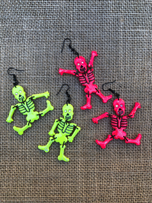 Poseable Neon Hot Pink Or Fluorescent Yellow Grunge Glitter Skeleton Dangle Earrings YOU CHOOSE