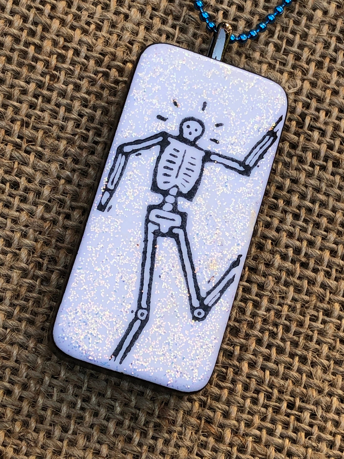 Skeleton Stick Man Glittery Upcycled Domino Pendant Necklace