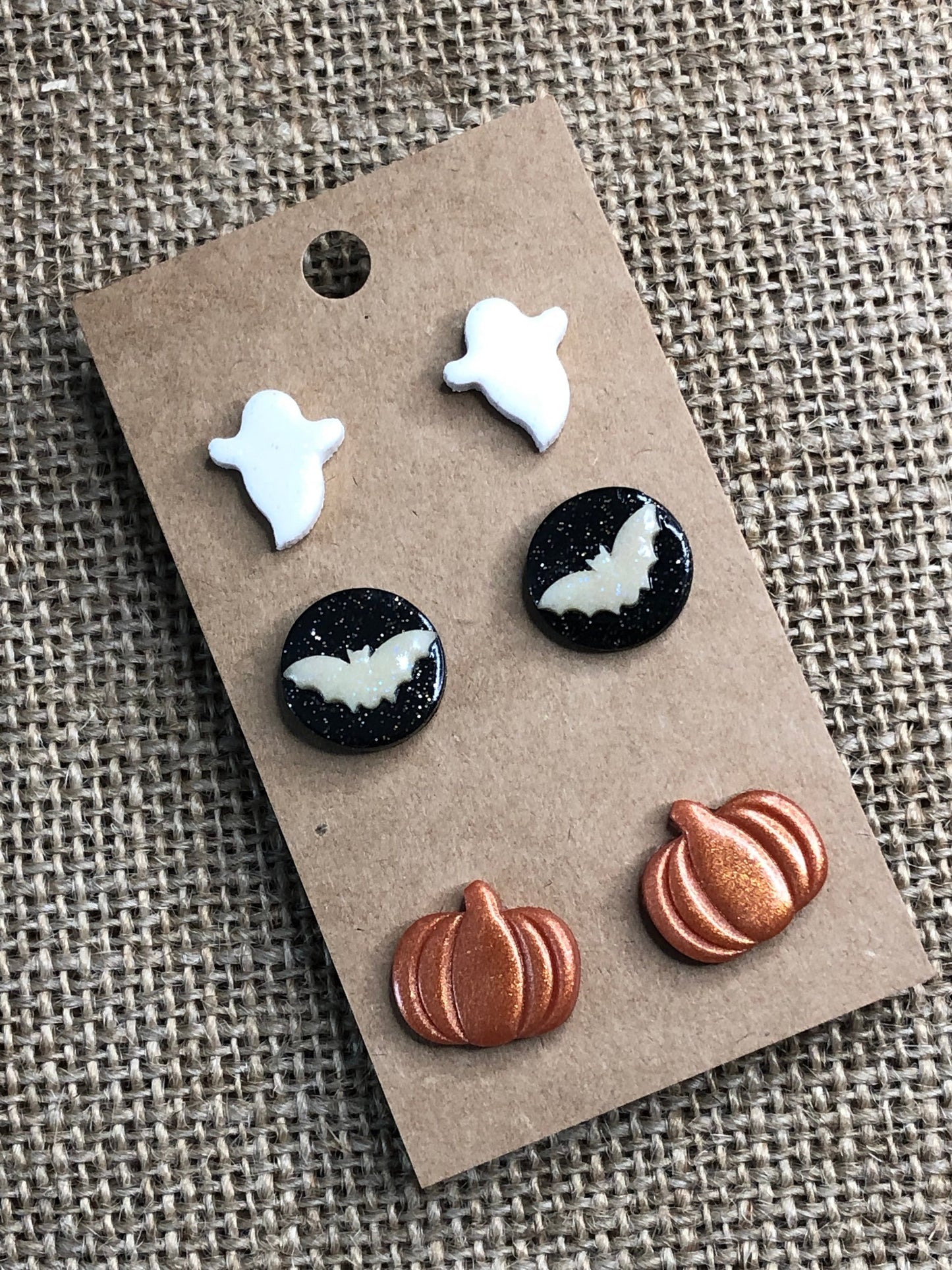 3 Pairs Halloween Statement Stud Earrings Glowing Bat Pumpkin Glittery Ghost