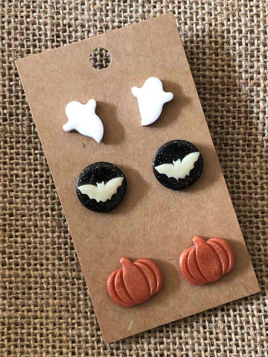 3 Pairs Halloween Statement Stud Earrings Glowing Bat Pumpkin Glittery Ghost