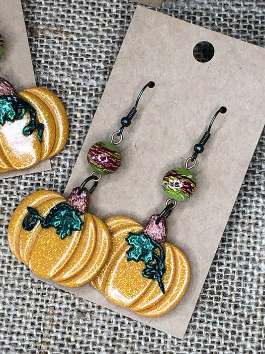 Glittery Autumn Pumpkin Vine Dangle Earrings For Halloween